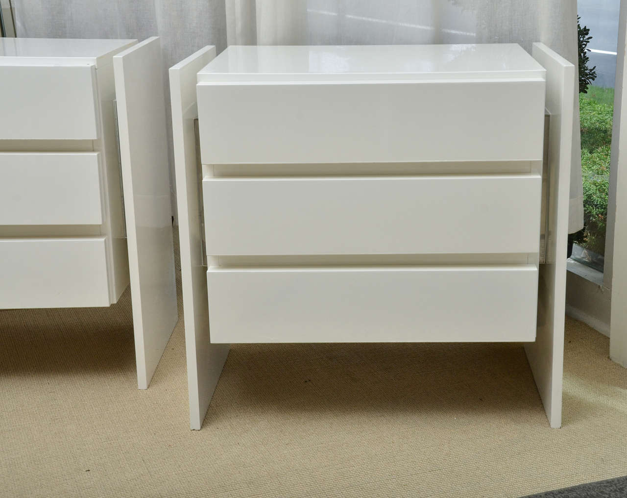 Very Chic Pair of Vintage White Lacquer Nightstands with Chrome Trim 2