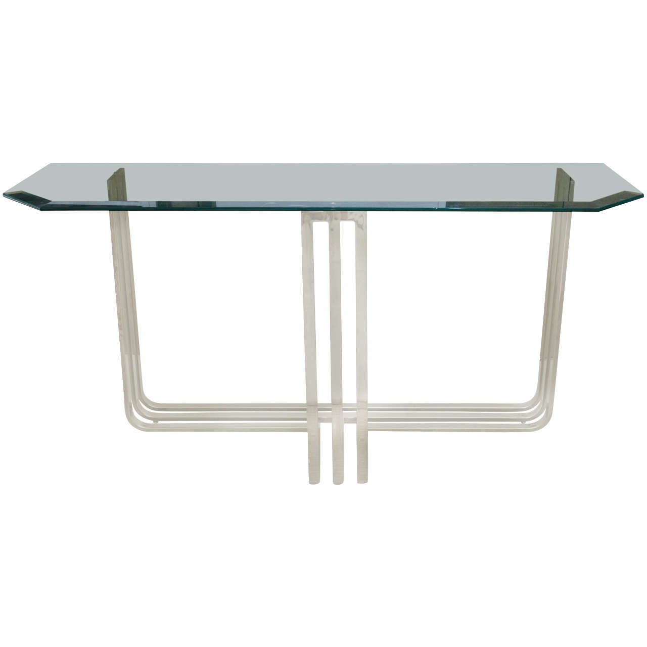 Attractive chrome and glass console attributed to DIA. The glass top has a 1.5 in. bevel.