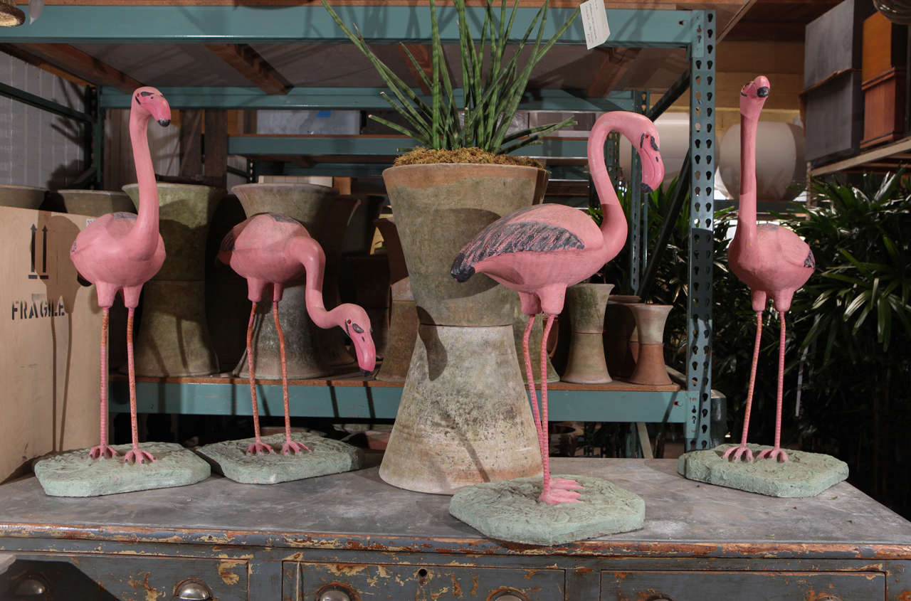 Large-scale concrete garden sculpture in the shape of the iconic American yard art pieces, the pink flamingo with original pink paint.
(heights are between 29