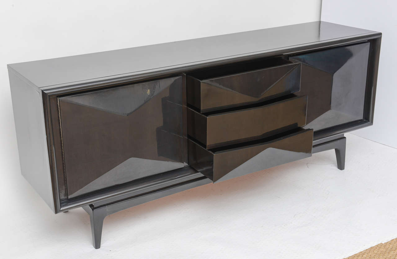 Raised Front Ebonized Floating Credenza In Excellent Condition In Miami, FL