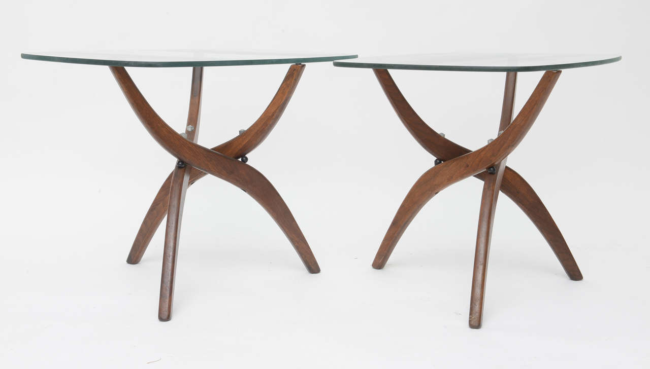 Mid-20th Century Pair of Forest Wilson, Three-Legged Walnut Side Tables