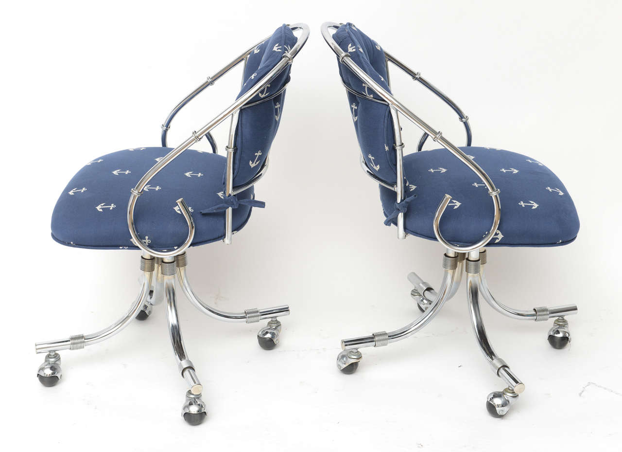 Late 20th Century Four Chrome Swivel Chairs in Nautical Upholstery 