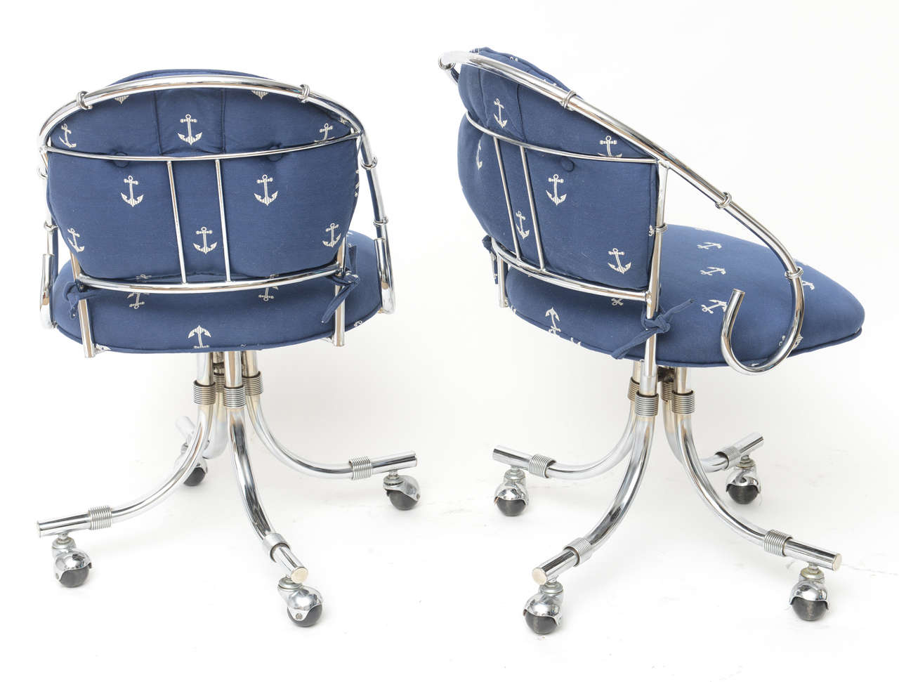 Four Chrome Swivel Chairs in Nautical Upholstery  1