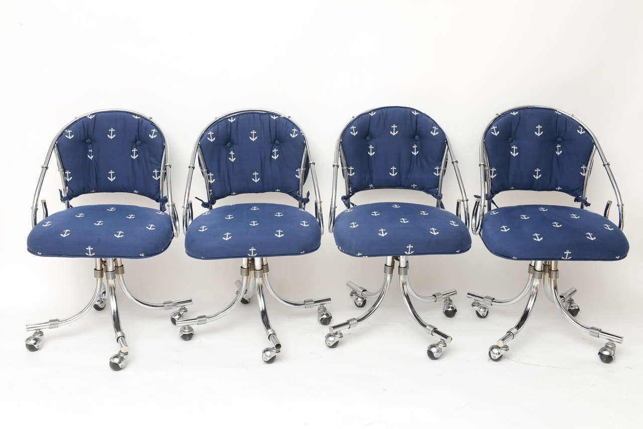 Four Chrome Swivel Chairs in Nautical Upholstery at 1stdibs