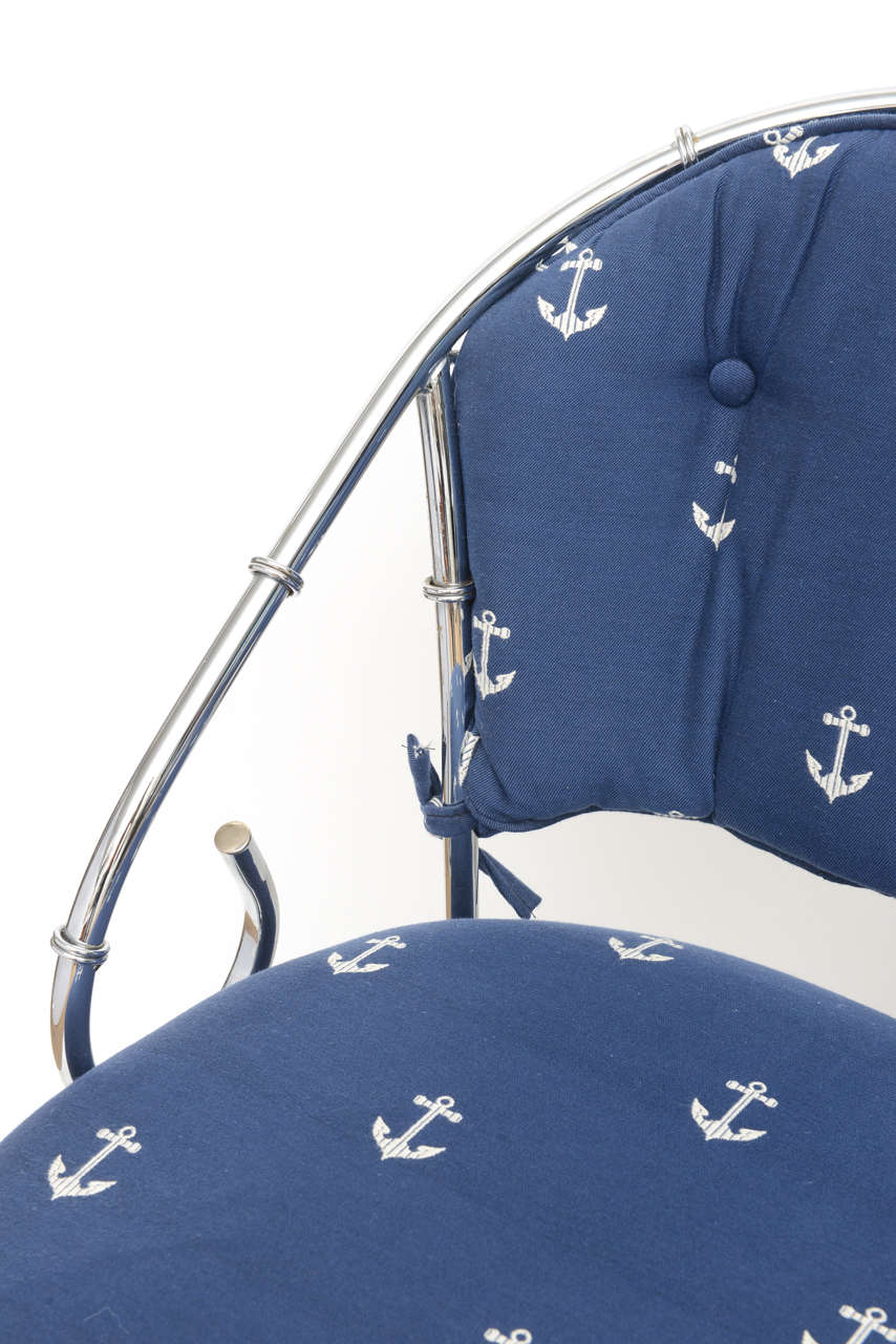Four Chrome Swivel Chairs in Nautical Upholstery at 1stDibs