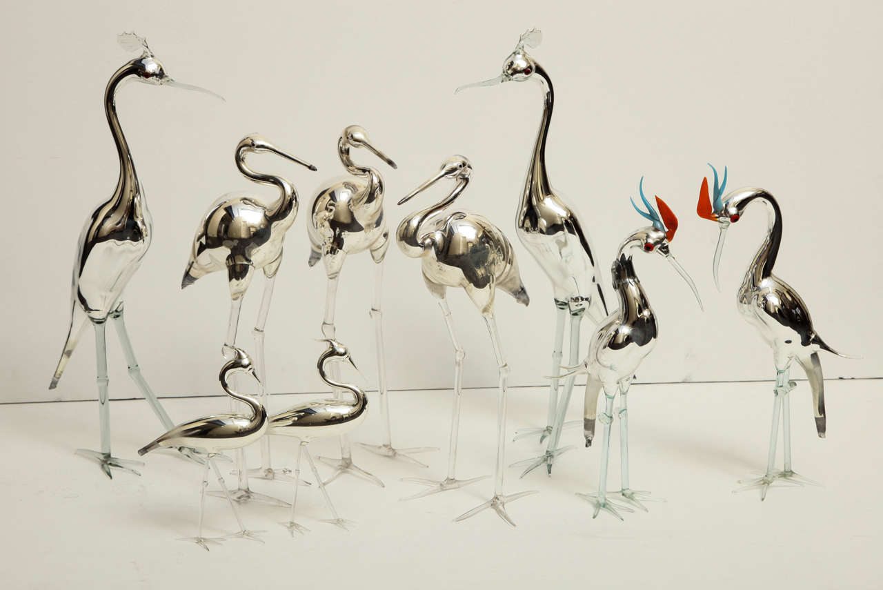 A Collection of Nine Mercury Glass Birds, Two Birds Decorated With Colored Glass.  
Some Were Manufactured in England And Germany, ranging in Age From Early to Mid 20th Century