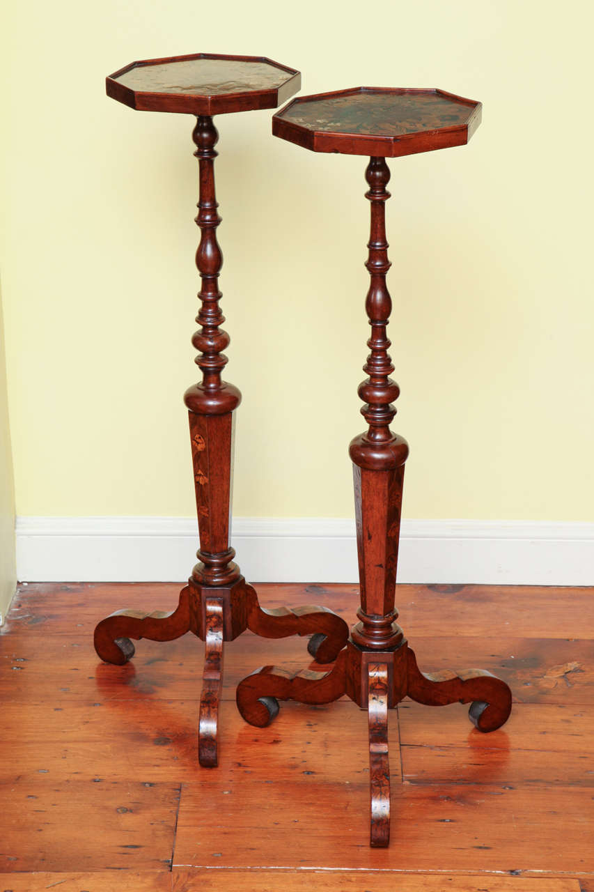 Fine Pair of William & Mary Period Walnut Torcheres, the lipped octagonal tops with inlaid marquetry in various woods and engraved bone floral sprays above turned balusters resting on inlaid octagonal supports and scrolled hipped cabriole legs,