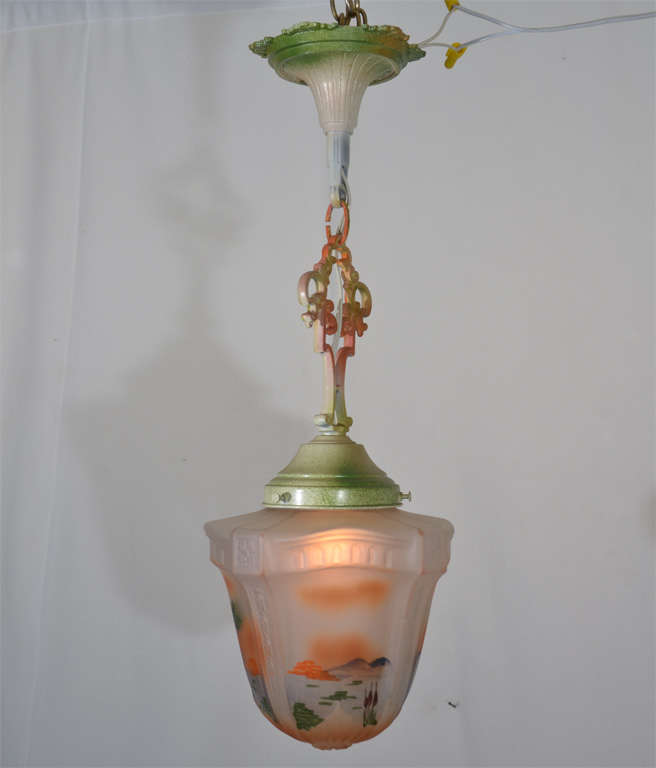 1930's Obverse Painted Pendant hanging from it's original Canopy and shade holder which is also restored to it's original condition..  Presently it is 22