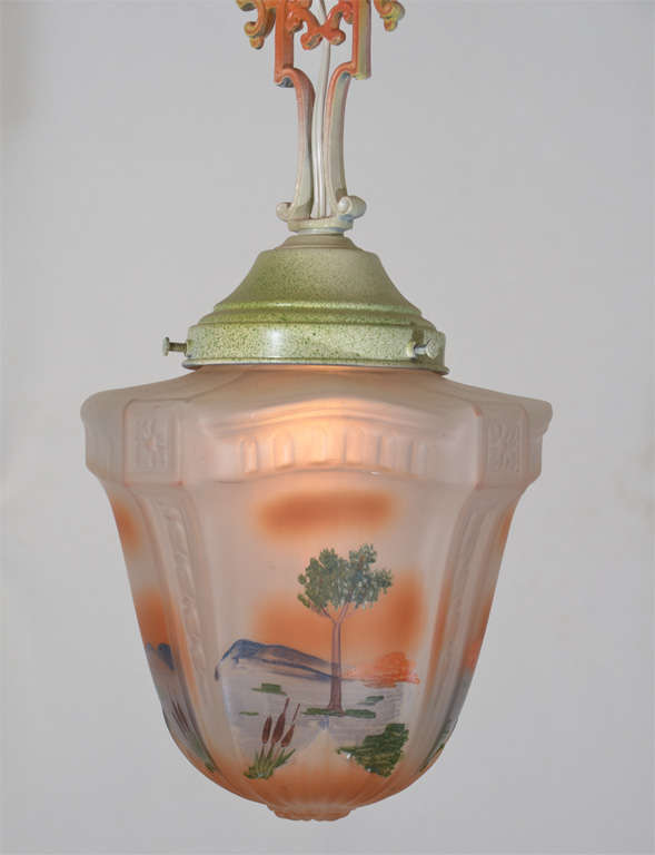 1930's, Obverse Painted Pendant Lamp In Excellent Condition For Sale In Austin, TX