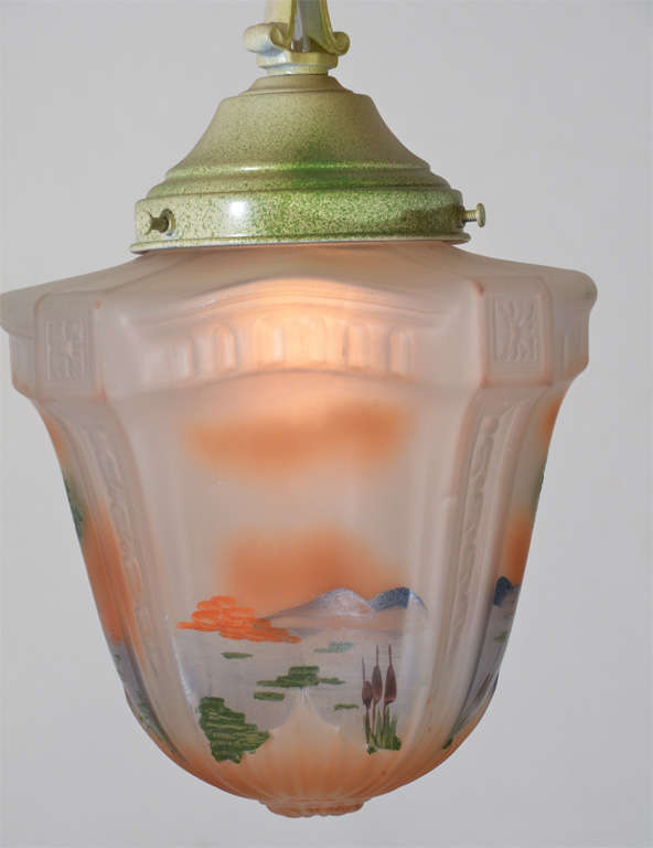 Mid-20th Century 1930's, Obverse Painted Pendant Lamp For Sale