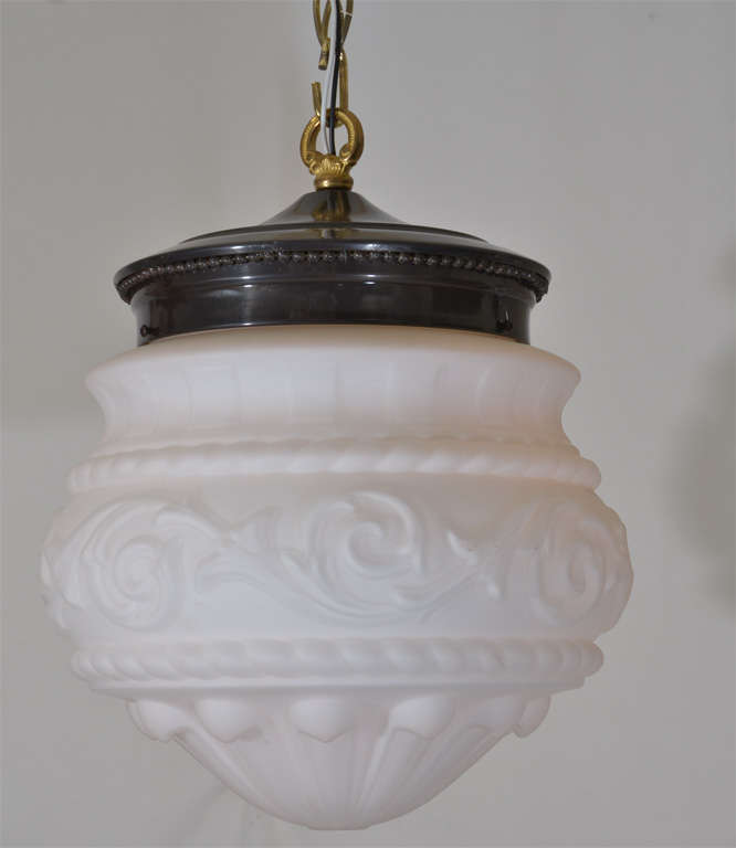 Pair Of White Frosted Molded Glass Pendant