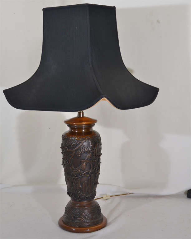 Pair, cast Bronze, Oriental Design vases, as Table Lamps.  Vases are from early 1900's, made into table lamps in 1950's.  Priced without lamp shades.  Shade shown is 16