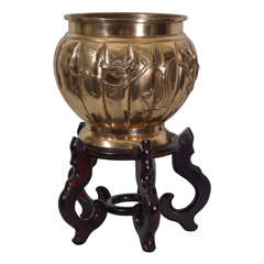 Antique Cast Bronze Oriental Planter on Carved Ebony wood Stand