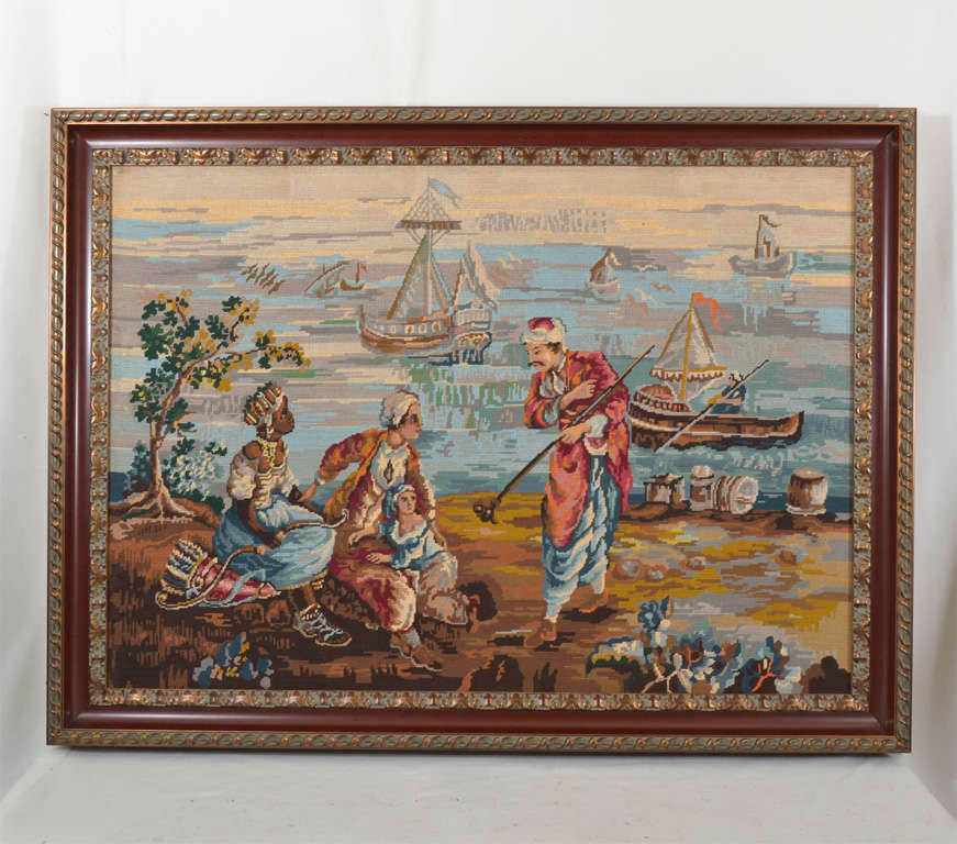 Framed Wool Tapestry depicting trade in Early American Colonies.