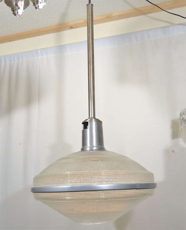 Holophane, Industrial light, re-purposed for residential or commercial application, with brushed nickle fittings.  Holophane with this waffle pattern refracts the light increasing the light available from a single bulb.  Six units available at