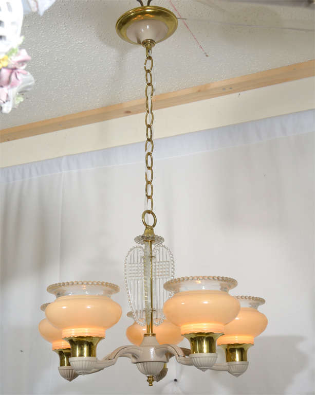 Lightolier Art Deco Molded Glass Five Light Chandelier