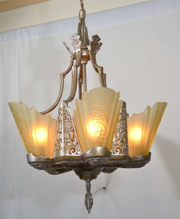 Five Light Art Deco Slip Shade Chandelier, Pristine condition, with Pale Amber, Cast Glass Shades and Brushed Nickle Plated Fixture Body.  New Wiring. Price reduced from $3900 to $3000.