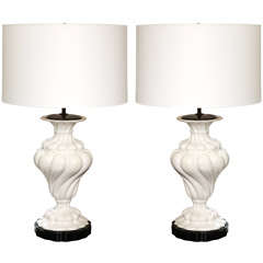 Pair of Large Porcelain Twisted Urn Lamps, Italian c. 1960