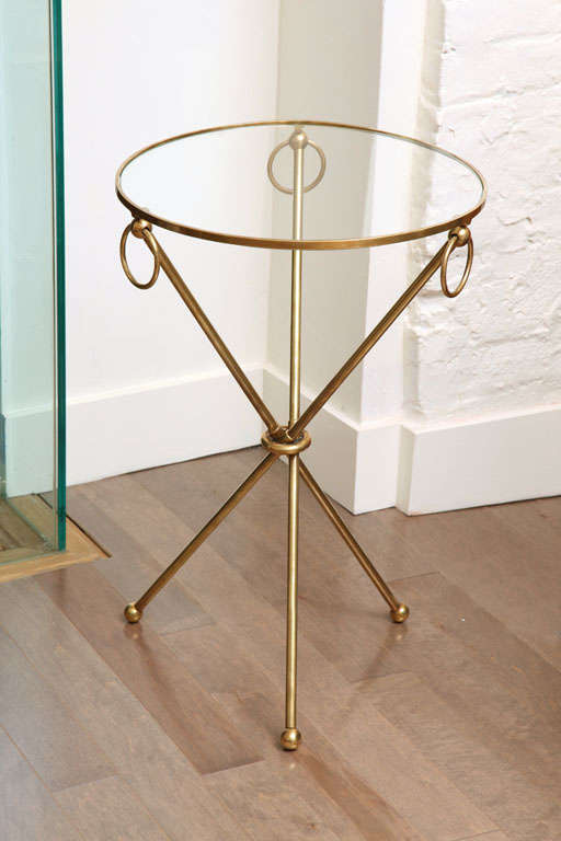 American Brass ring drink table with glass top and tri-pod legs, c. 1950