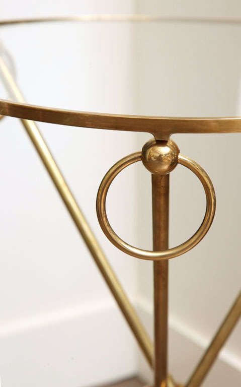 Brass ring drink table with glass top and tri-pod legs, c. 1950 1