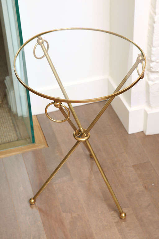 Brass ring drink table with glass top and tri-pod legs, c. 1950 5