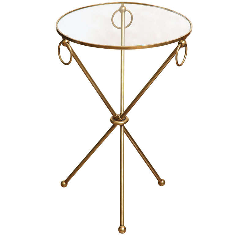 Brass ring drink table with glass top and tri-pod legs, c. 1950