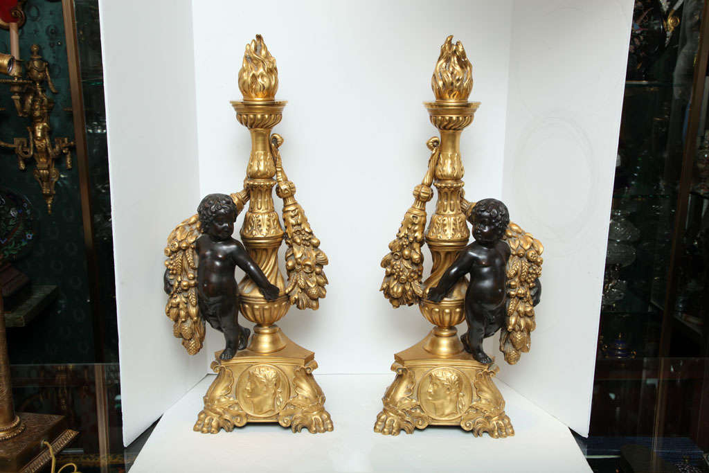 Pair of large and very fine quality gilt and patinated bronze cherub chenets s attributed to Caldwell.
Stock number: MF3.