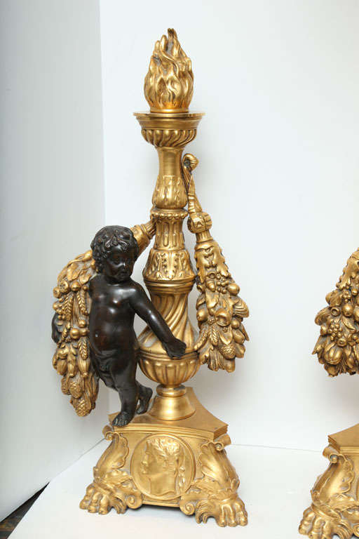 20th Century Pair of Bronze Cherub Chenets/ Andirons Attributed to Caldwell