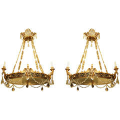 Pair of Empire Style Bronze and Crystal  Chandeliers
