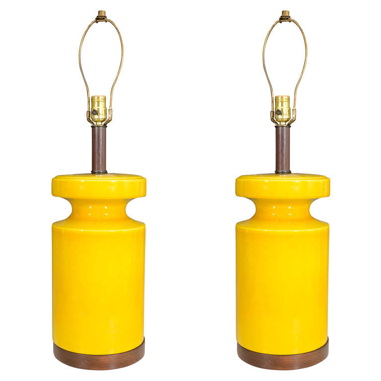 Mid Century Ceramic Table Lamps with Mustard Yellow Glaze