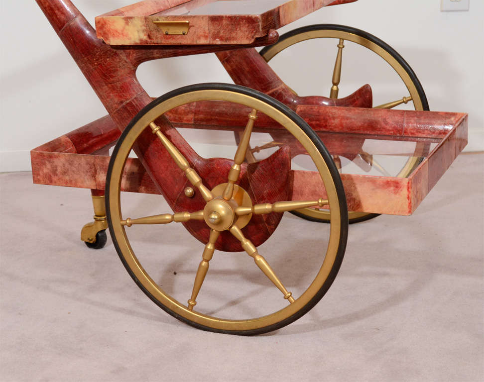 Modern Mid-Century Rose-Tone Goatskin Bar Cart by Aldo Tura For Sale