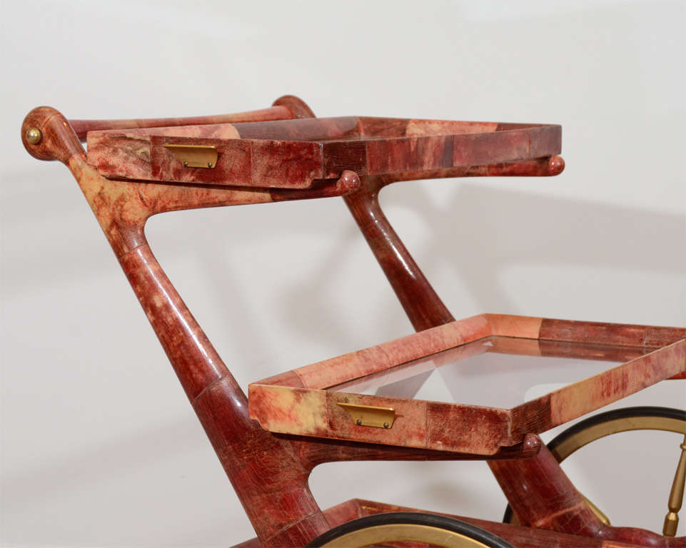 Italian Mid-Century Rose-Tone Goatskin Bar Cart by Aldo Tura For Sale
