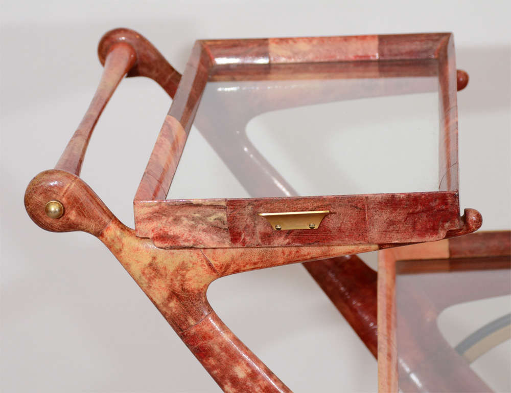 Mid-Century Rose-Tone Goatskin Bar Cart by Aldo Tura In Excellent Condition For Sale In Mount Penn, PA