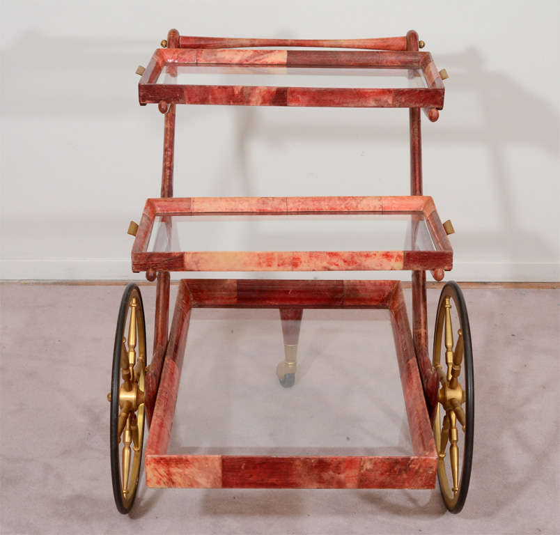 Brass Mid-Century Rose-Tone Goatskin Bar Cart by Aldo Tura For Sale