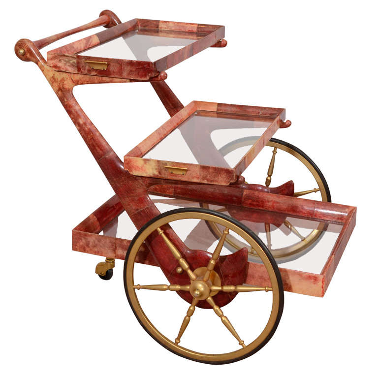 Mid-Century Rose-Tone Goatskin Bar Cart by Aldo Tura For Sale