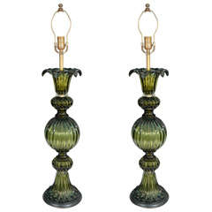 Pair of Mid Century Green and Clear Lamps by Barovier and Toso