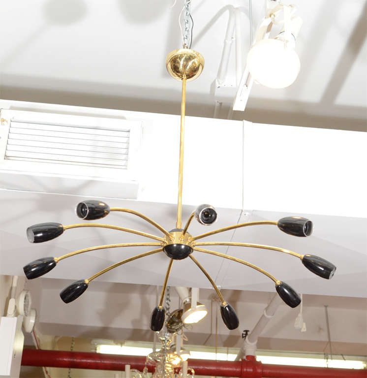 Mid-Century 10-arm Stilnovo style spider chandelier with brass arms and black enameled pod style sockets. The chandelier can take either torpedo shape or round bulbs.