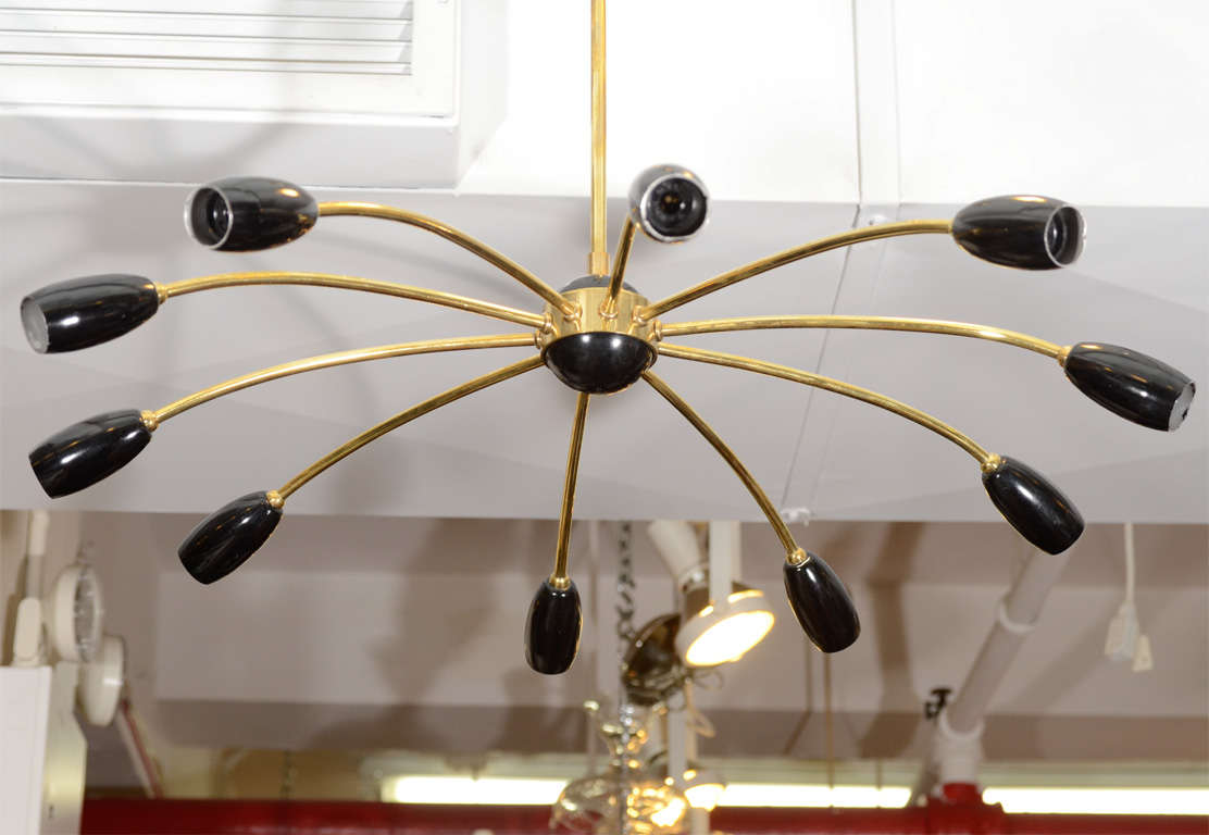 Brass Mid Century Stilnovo Style Spider Chandelier w/ Ten Lights