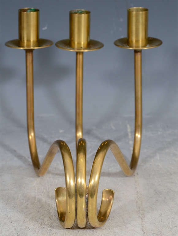 Pair of Mid-Century Brass Scroll-Form Candlesticks 4