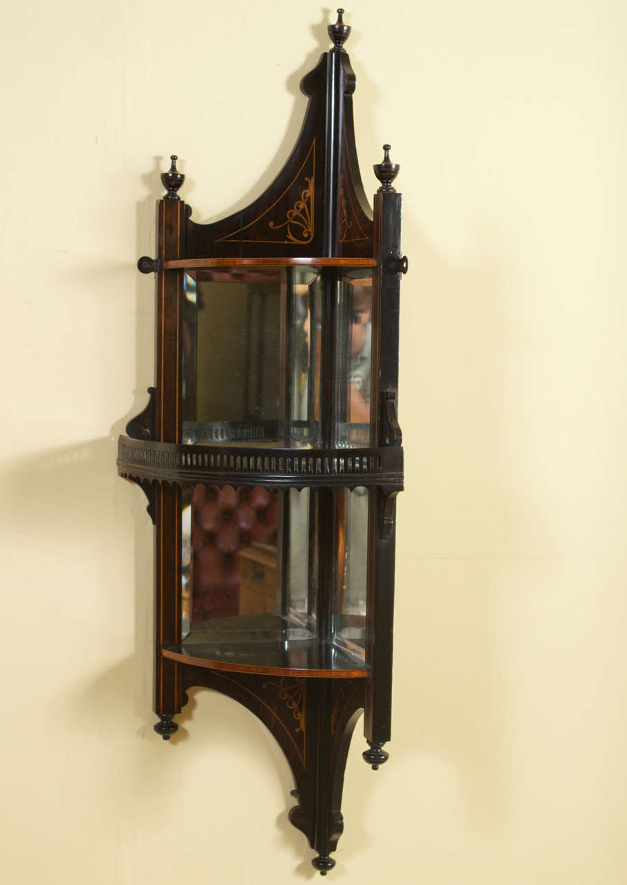19th Century Victorian Inlaid Mahogany Corner Wall Shelf with Mirror