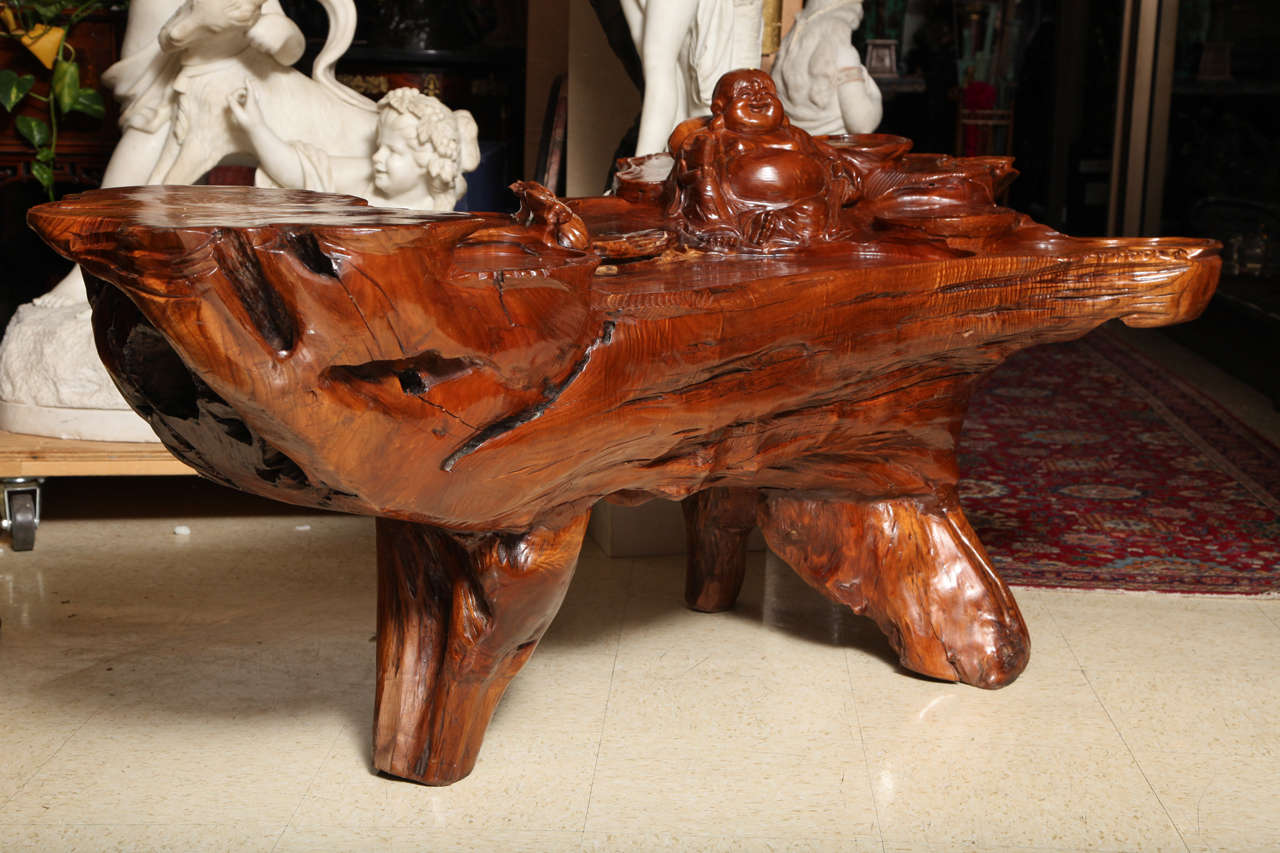American Craftsman Very Unusual Carved Tree Trunk Chinoiseri Style Coffee Table