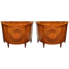Vintage Pair of English banded satin wood demilune commodes