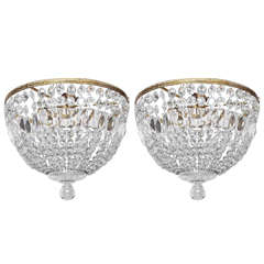 Pair of Flush Mount Crystal and Brass Round Chandeliers