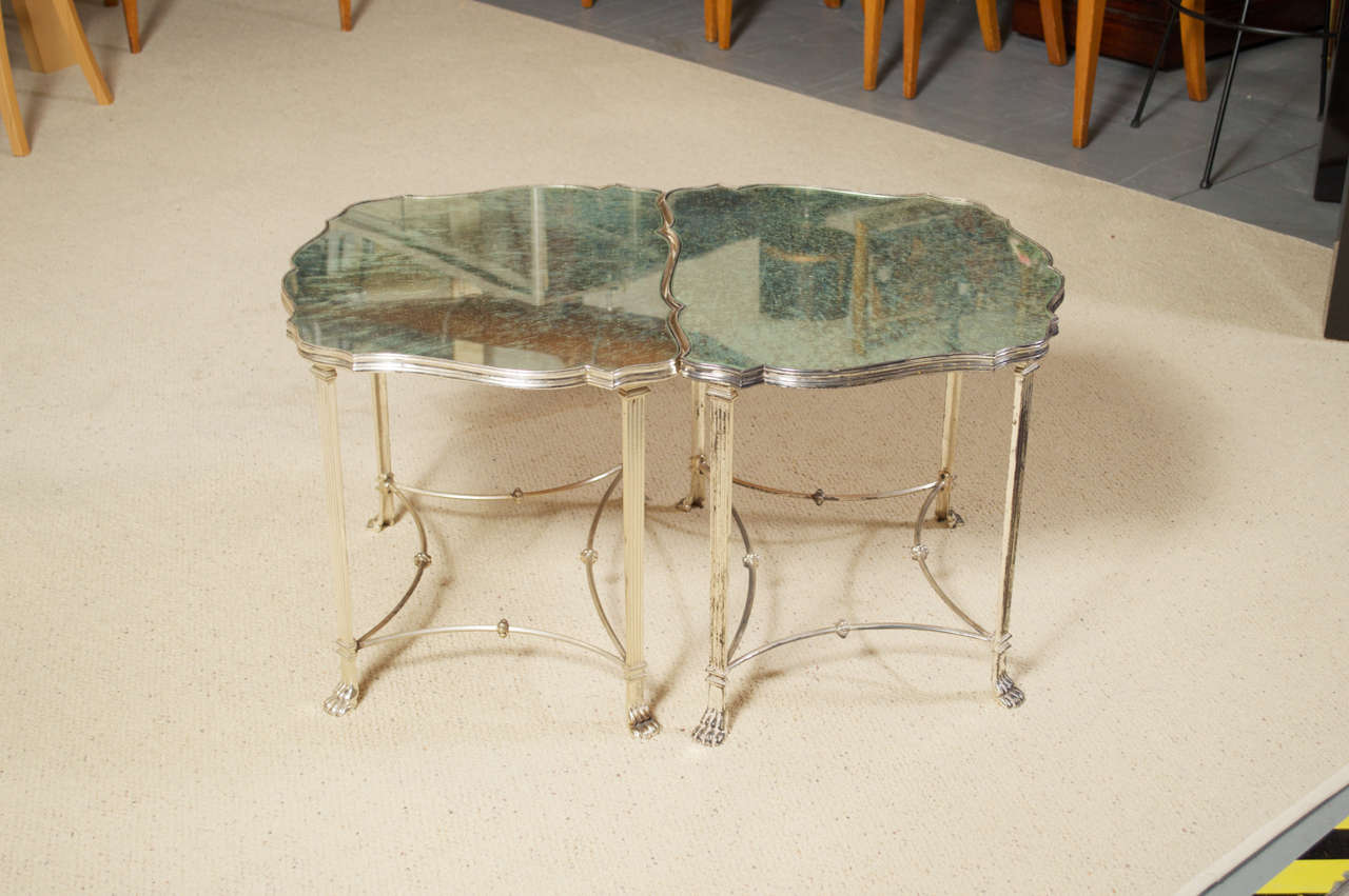 Neoclassical Pair Neo Classical Mirrored Silver Plated French Cocktail/ Side Tables