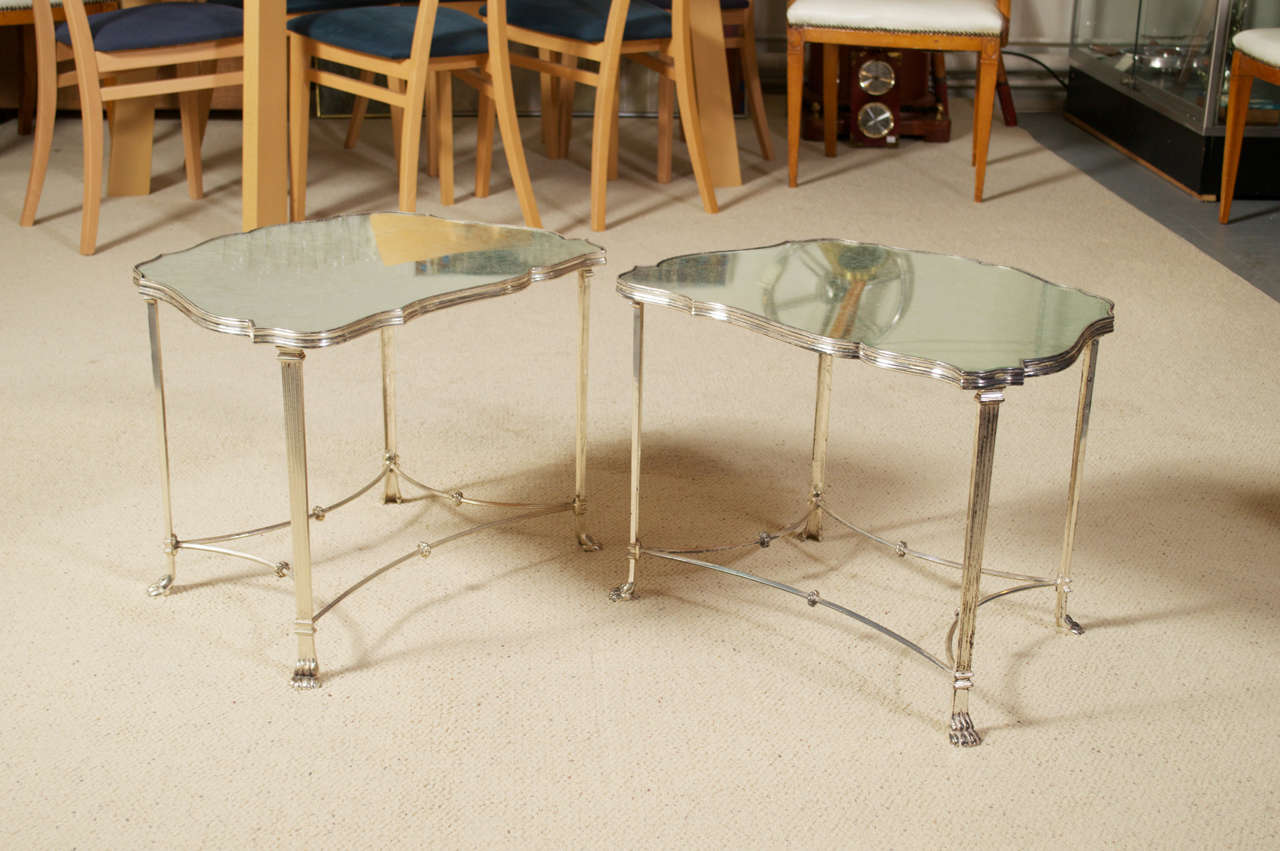 Metal Pair Neo Classical Mirrored Silver Plated French Cocktail/ Side Tables