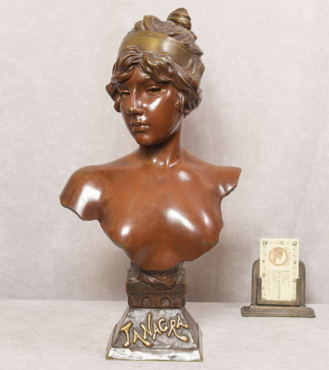 This beautiful young gal is a superb example of the sculptures of Villanis.  This particular model has incredible three-color patina and is titled, artist signed, and bears the foundry seal.  Consulting any book on sculpture, you will find many