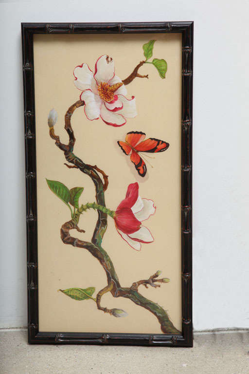 A Black Faux Bamboo Framed Study of Two Magnolias and A Butterfly Chrysalis by Anna Chiara Branca