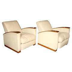 Vintage A French Art Deco Pair of Club Chairs with Deep Canted Backs