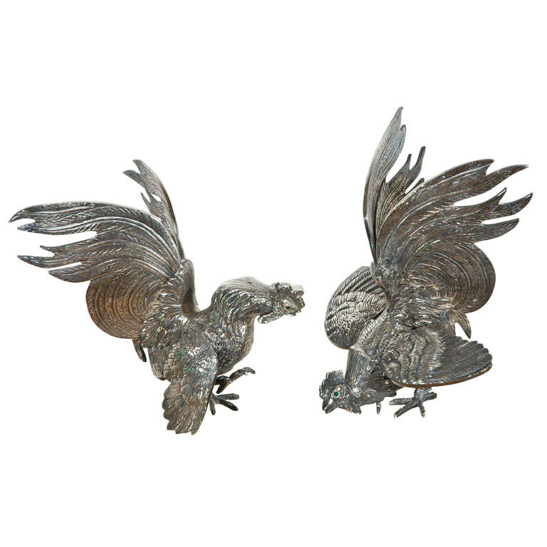 Pair Mid Century Fighting Roosters