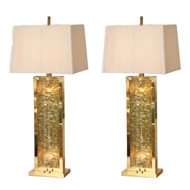 Stunning Pair of Polished Brass Italian Murano Lamps
